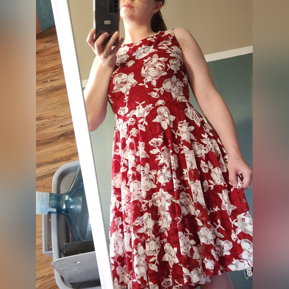 danny & nichole Red Dress with White Floral and gold hardware